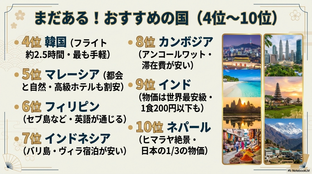 韓国、マレーシア、フィリピンなど、海外旅行で費用が安い国ランキングの4位から10位を紹介するスライド