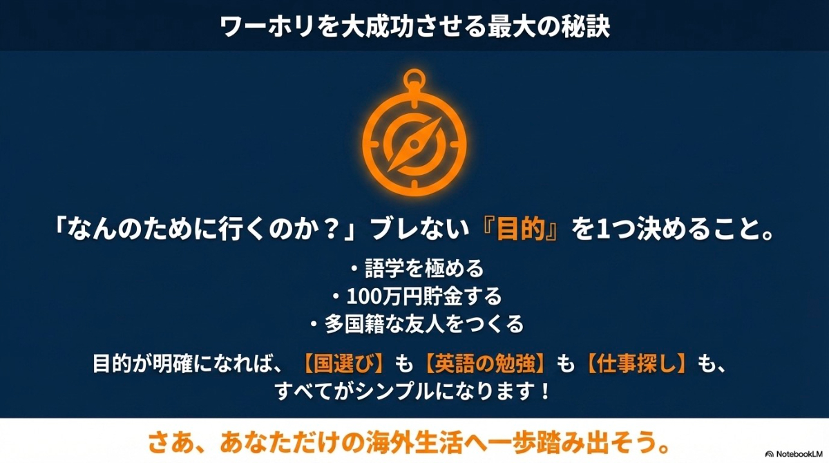 ワーホリのポイントである「ブレない目的意識」を持つことの重要性を説く図解