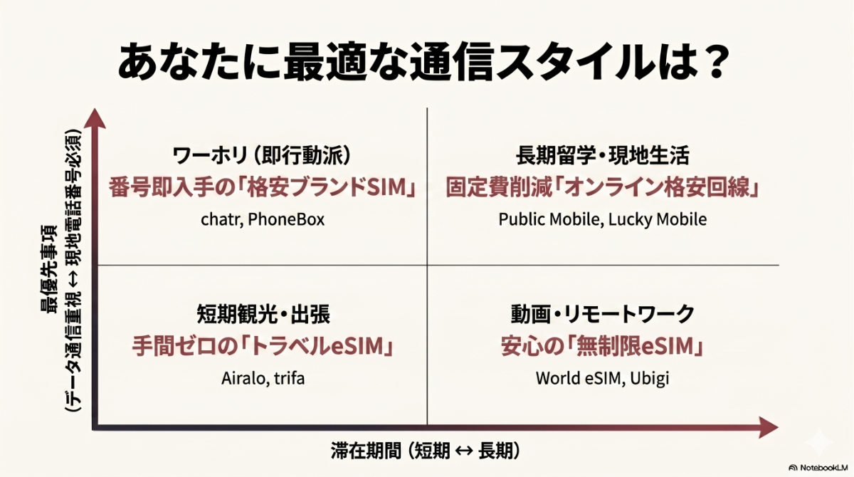 短期観光、動画・リモートワーク、ワーホリ、長期留学の4つの目的に合わせた最適なSIMサービスの分類