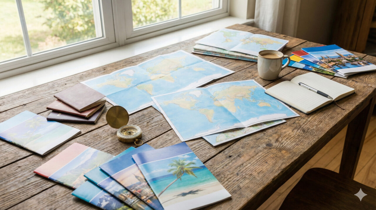 これから旅行先を選ぶ読者のワクワクする気持ちに寄り添い、旅の準備をするデスクの様子を描写します。