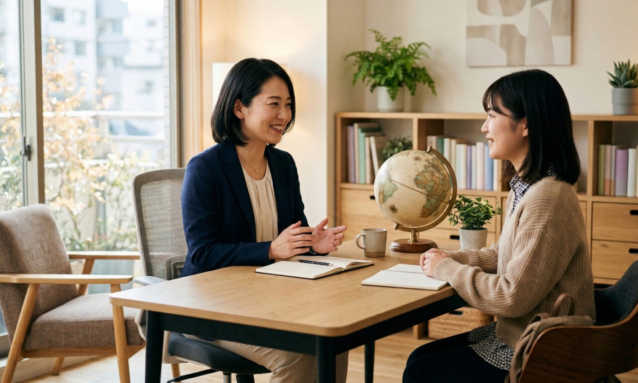留学エージェントの対面カウンセリングで生徒が相談を受けている様子