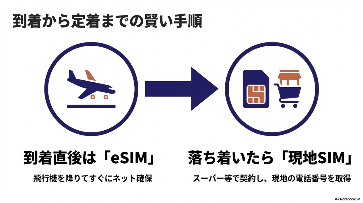 飛行機を降りた到着直後はeSIMでネットを確保し、落ち着いたら現地SIMを契約して電話番号を取得する賢い手順