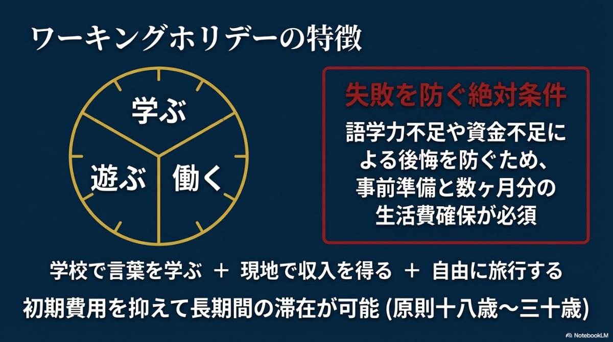 ワーキングホリデーの特徴を「学ぶ・遊ぶ・働く」の円グラフで表現し、失敗を防ぐための絶対条件として事前準備と生活費確保の重要性を解説した図。