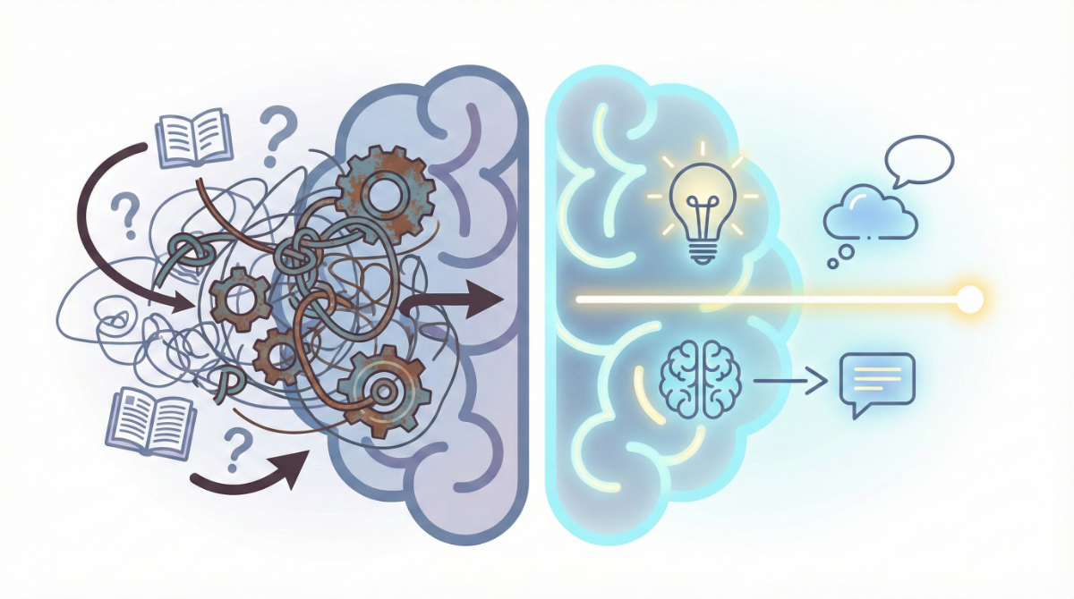 英語ライティングが難しい理由である「翻訳ライティング」の複雑な思考プロセスと、理想的な「イメージと言語の直結」によるスムーズな思考プロセスの比較図。