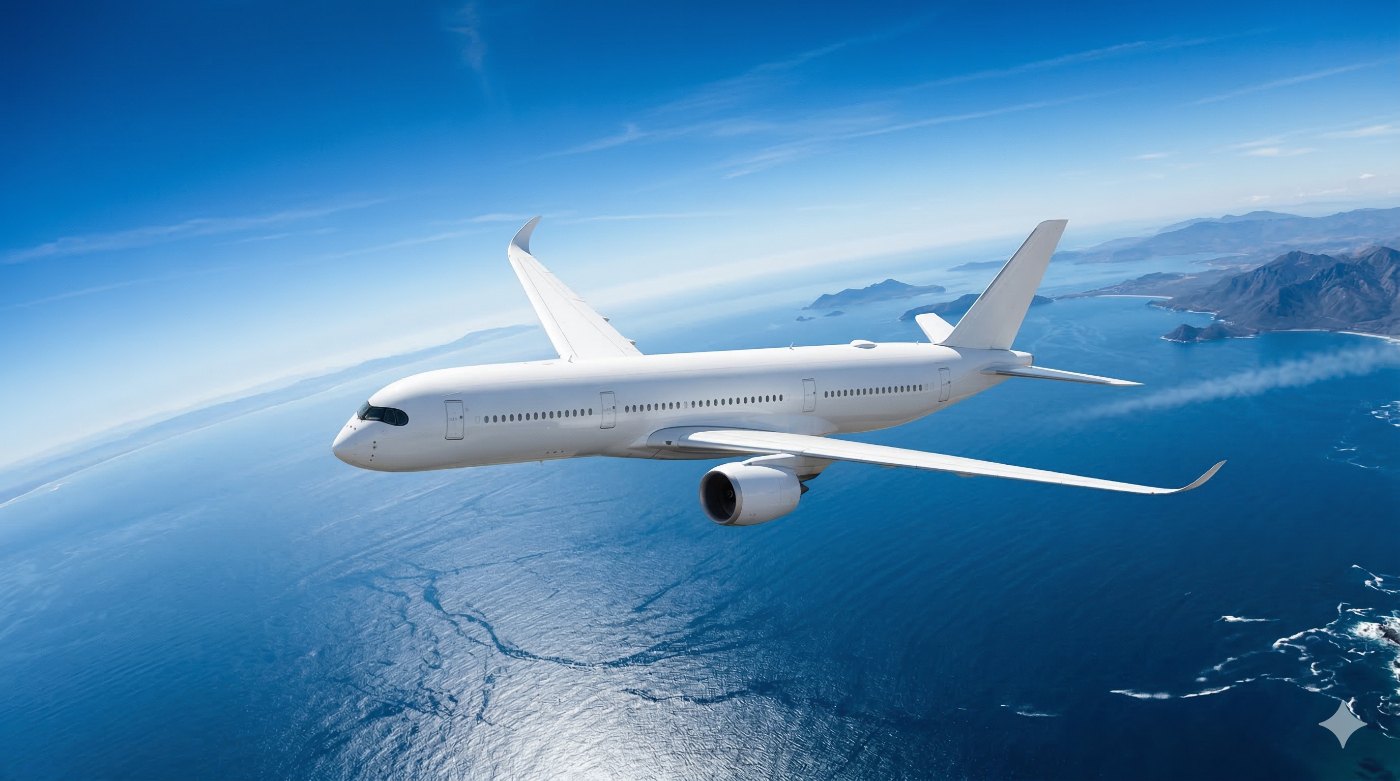 澄み渡る青空と海の上を飛行し海外へ向かう旅客機