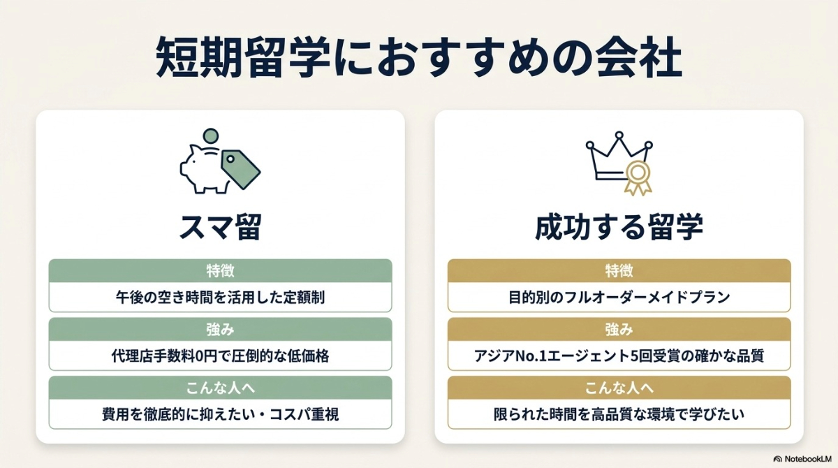 スマ留と成功する留学の特徴と強みを比較した、短期留学におすすめの会社スライド