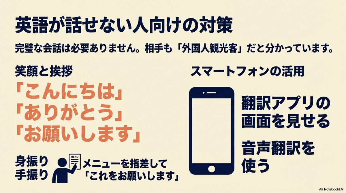 笑顔と挨拶、身振り手振り、スマートフォンを活用した言語への対策