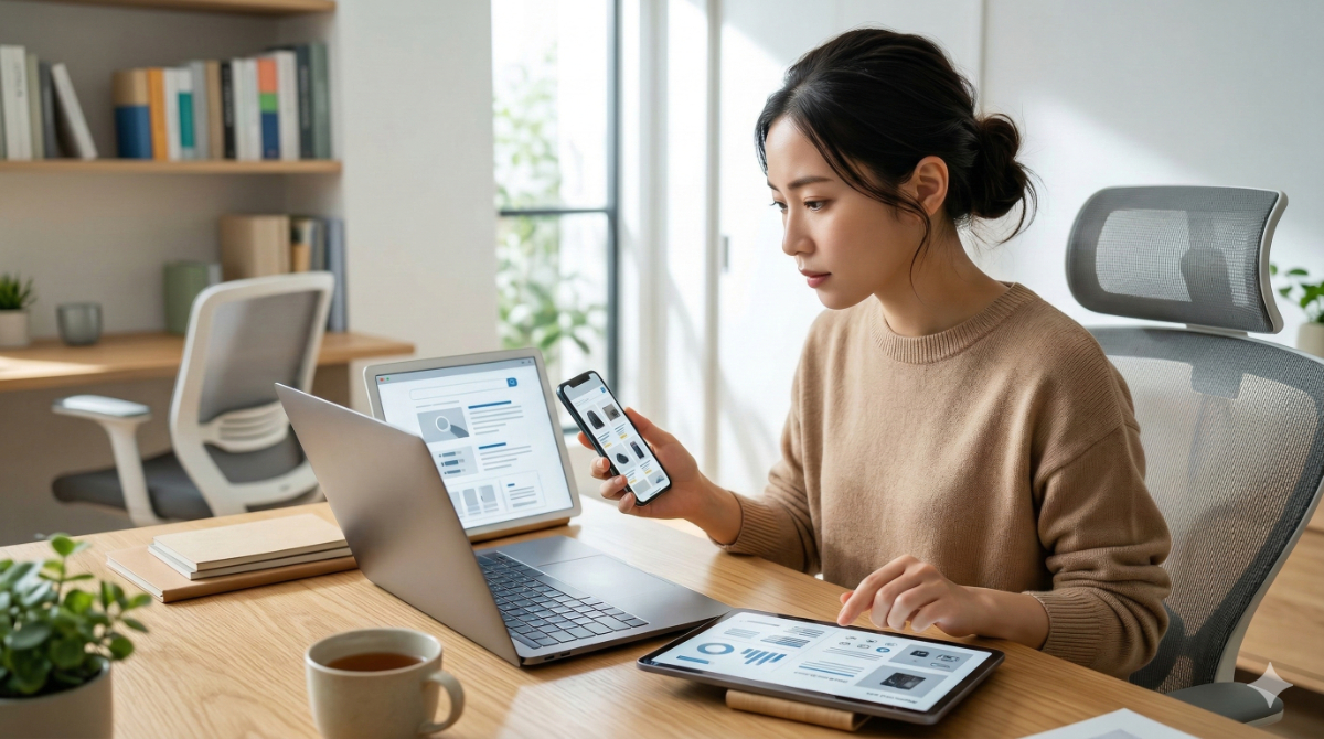 PCとスマートフォン、タブレットを駆使して、海外航空券の最安値を比較する日本人の女性。