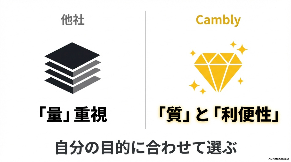 他社は量を重視する一方、Camblyは質と利便性を重視しており、自分の目的に合わせて選ぶべきであることを示した図。
