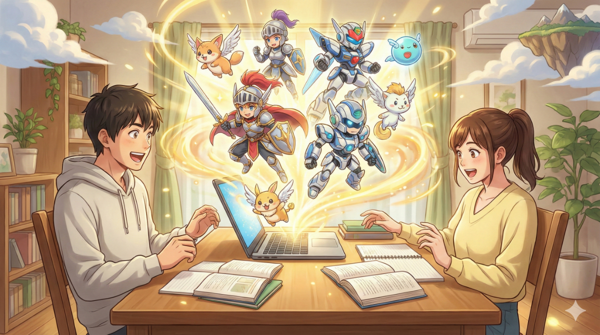 学習ツール（PCや本）から、様々なジャンルのアニメキャラクターが飛び出してくるようなファンタジックな構図で、多様な「おすすめ作品」に出会えるワクワク感を表現します。