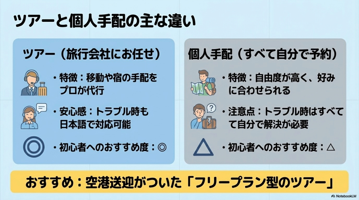 初心者向けのパッケージツアーと個人手配旅行の特徴とおすすめ度の比較表