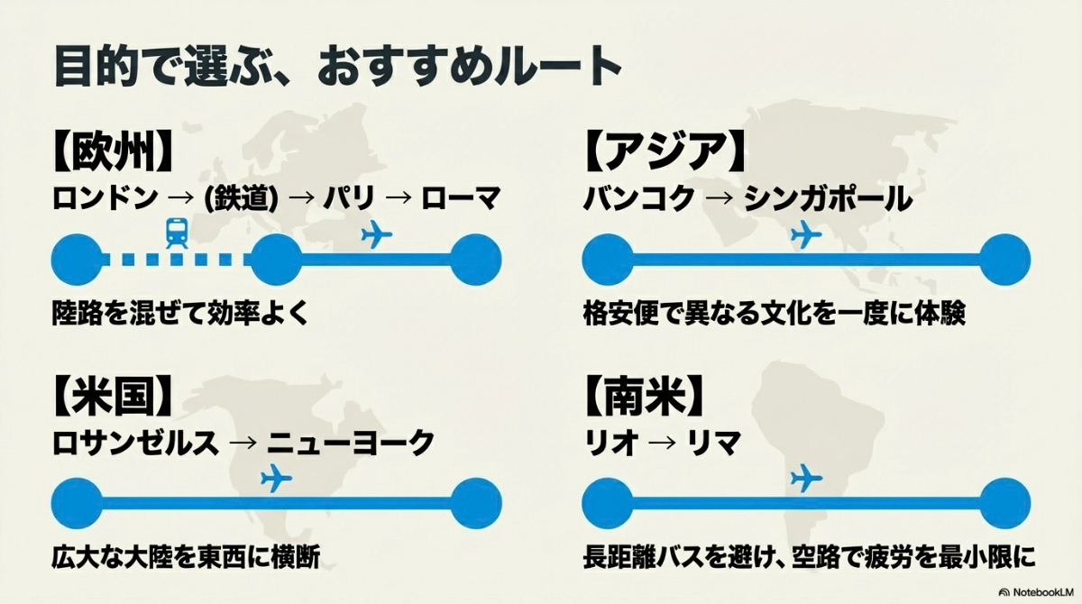 欧州、アジア、米国、南米それぞれの目的に合わせたおすすめ周遊ルートの図解