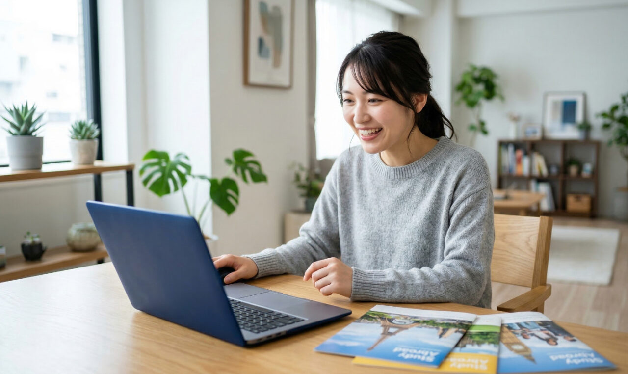パソコンと留学資料を前に、笑顔で海外留学の計画を立てる日本人女性