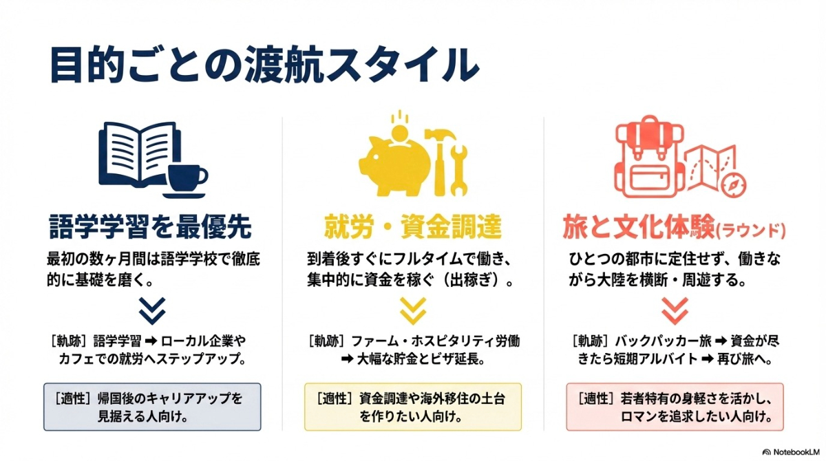 語学学習最優先、就労・資金調達、旅と文化体験(ラウンド)というワーホリの3つの渡航スタイルを示す図解