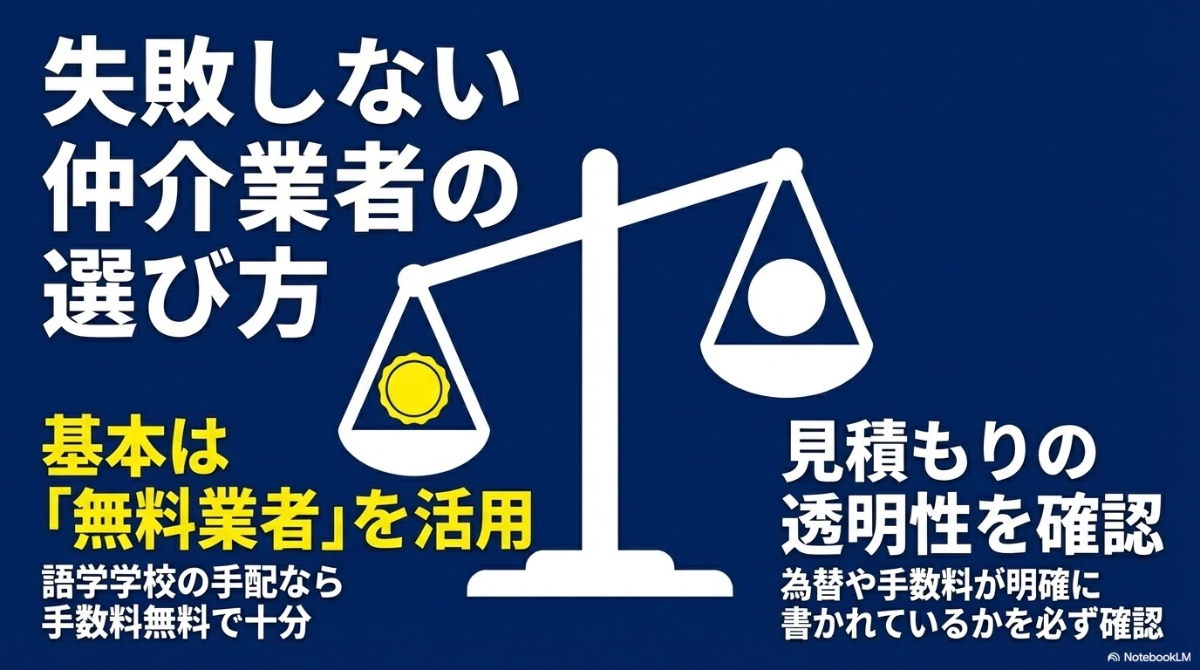 手数料のかからない無料業者の活用と、為替や手数料が明確に書かれているかの見積もりの透明性確認という留学エージェント選びの基本