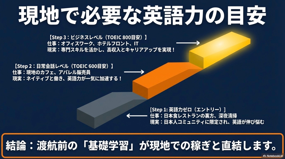 英語力ゼロから日常会話レベル、ビジネスレベルまで、英語力によって選べる仕事と現実の差を示した図解