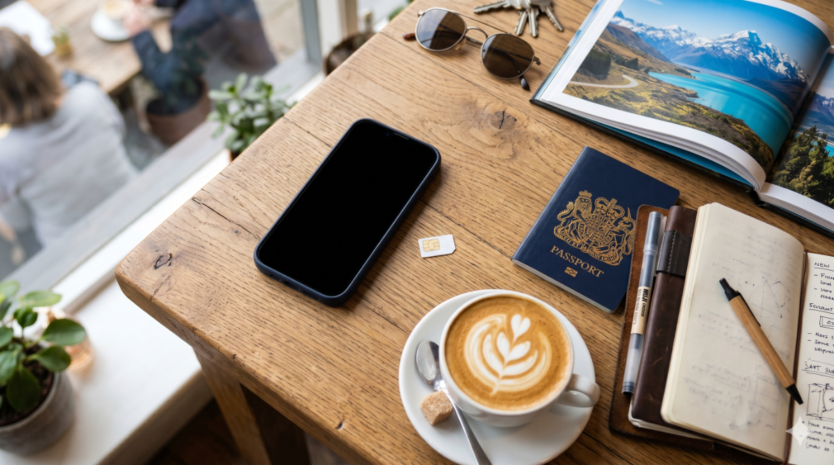 各通信手段の比較というテーマをニュージーランドのカフェのデスクで表現。