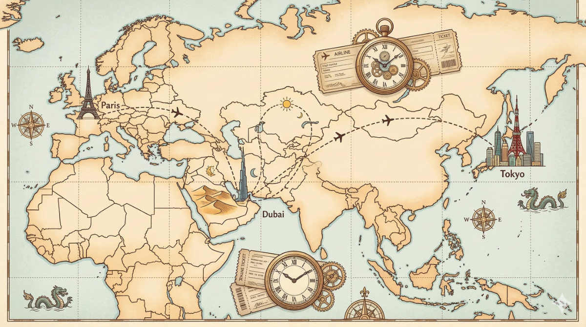 周遊旅行やオープンジョーのイメージを、地図とアイコニックなランドマークを組み合わせて視覚的に表現