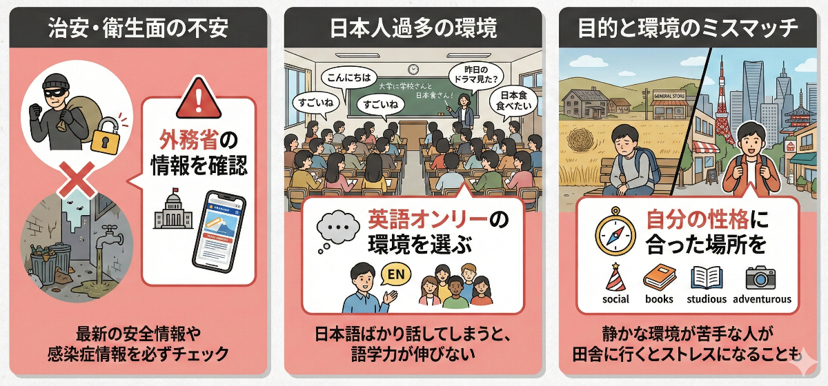 留学におすすめしない国の注意点を示すインフォグラフィック。治安・衛生面の不安、日本人過多の環境、目的と環境のミスマッチという3つの注意点をパネルで図示。それぞれの問題点と、それを避けるための対策をアイコンとテキストで説明。