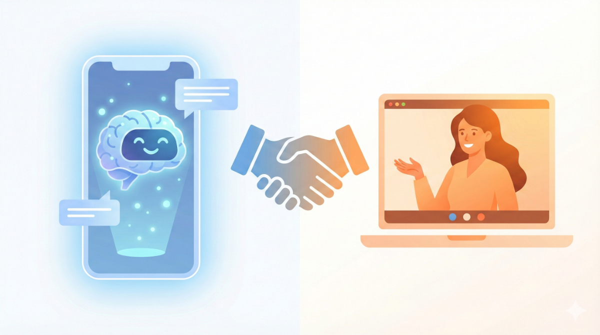 AI英会話アプリとオンライン英会話の特徴を比較した図。左側にAIアプリ、右側にオンライン英会話のアイコンが並び、中央で両者が握手しているイラスト。