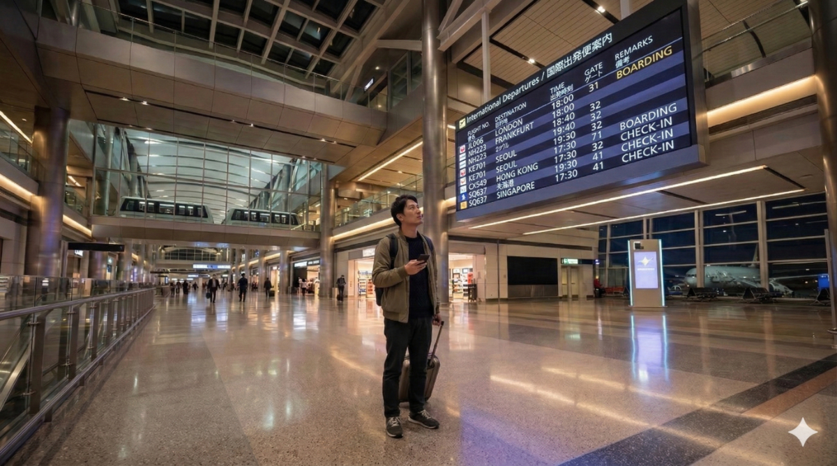 巨大なハブ空港の乗り継ぎエリアで、出発案内板（文字なし）を見上げ、スマートフォンを手に持つ日本人の男性旅行者。