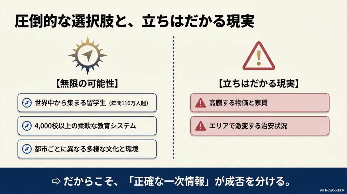 多くの留学生が集まるアメリカ留学の無限の可能性と、立ちはだかる現実を要約したスライド