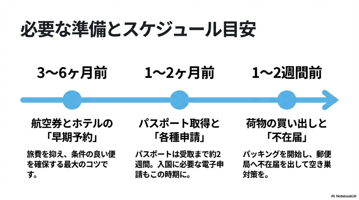 3〜6ヶ月前から出発1〜2週間前までの必要な準備とスケジュール目安