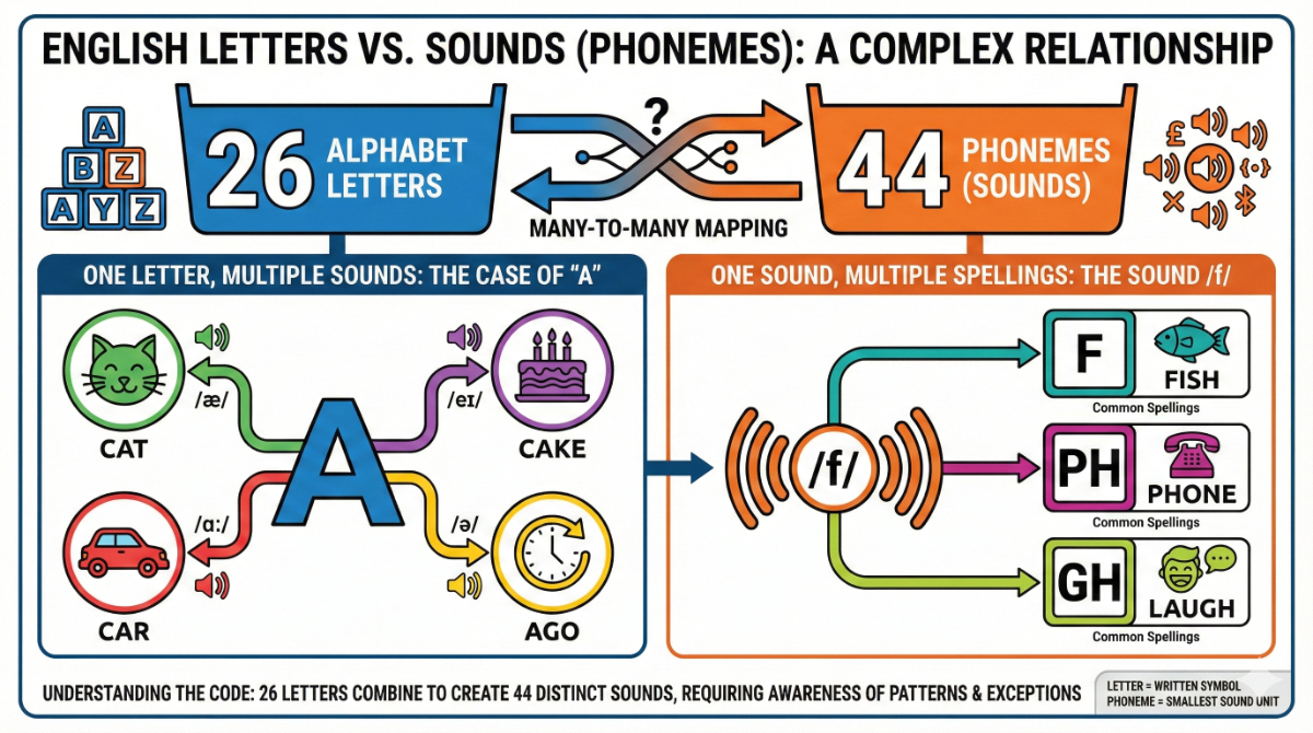 26文字のアルファベットと44種類の音素、そして一文字が複数の音を持つ「a」の例（cat, cake, car, ago）や同じ音が異なるスペルになる「f」の例（fish, phone, laugh）を図解したインフォグラフィック。
