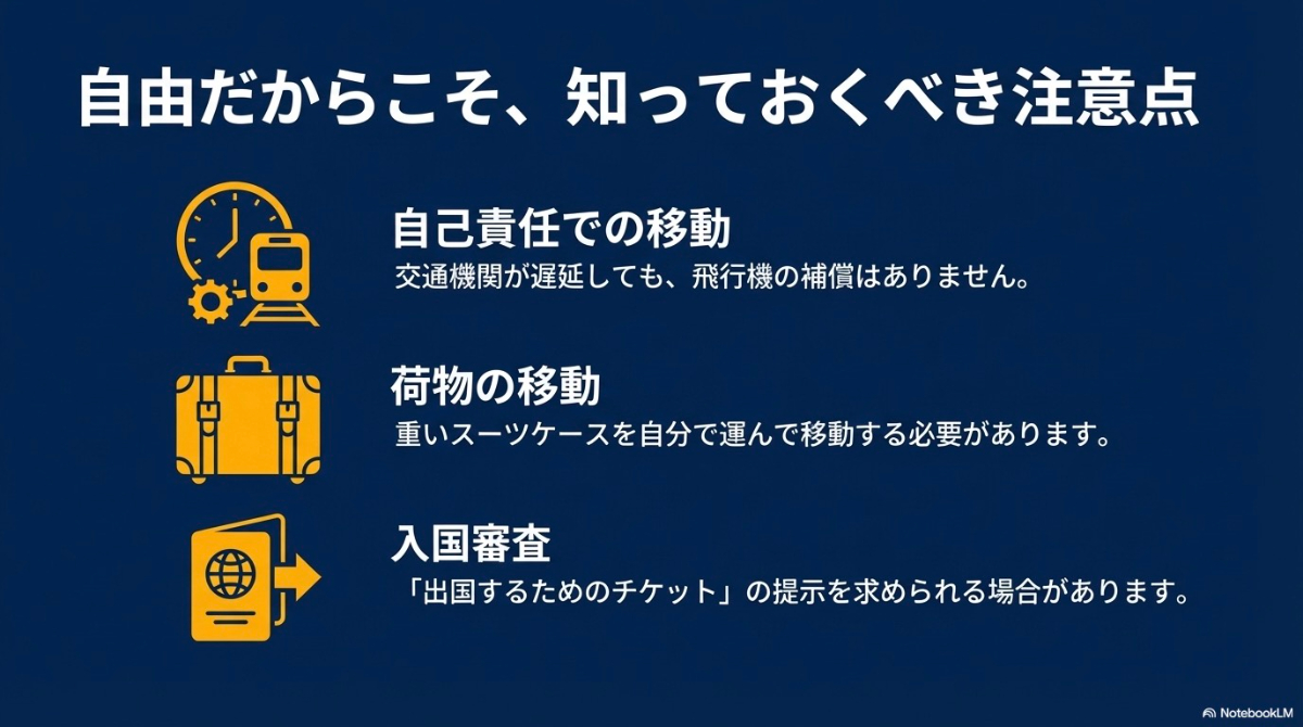 自己責任での移動、荷物の持ち運び、入国審査など、オープンジョーの自由だからこそ知っておくべき注意点とデメリット