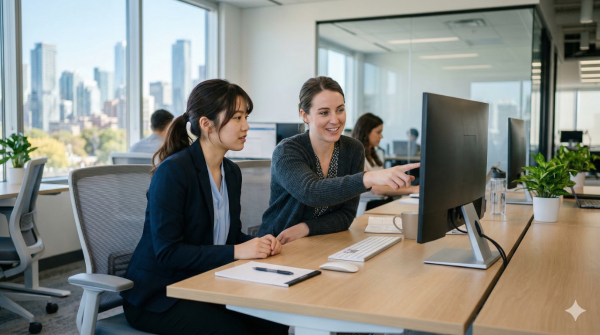 カナダのモダンなオフィスで、現地スタッフと共にPC画面を見ながらインターンシップ研修に取り組む日本人大学生の女性。