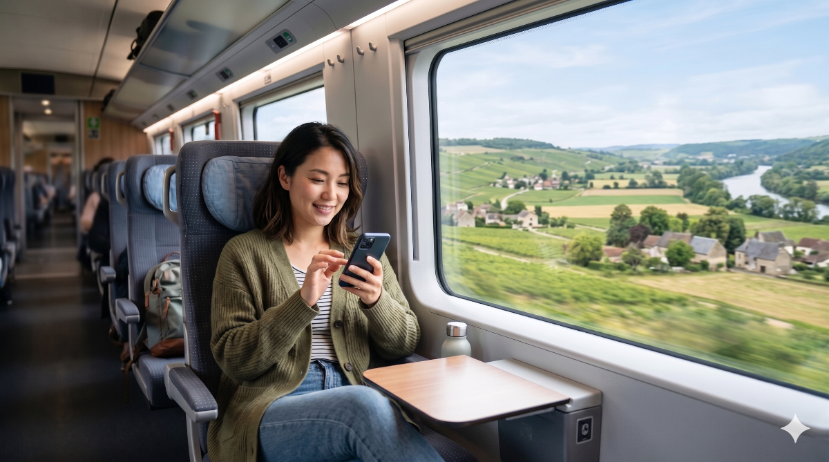 ヨーロッパの高速鉄道で移動しながらスマートフォンで快適に通信する女性旅行者