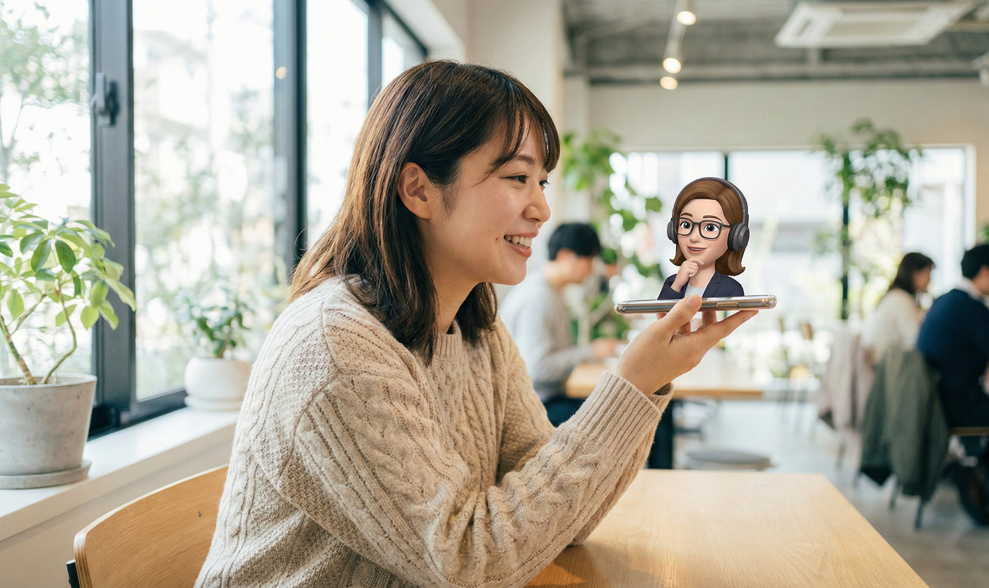 AIで英会話や英語学習を行う親しみやすさと「いつでもどこでも学べる」手軽さを強調した、明るくポジティブなイメージです。