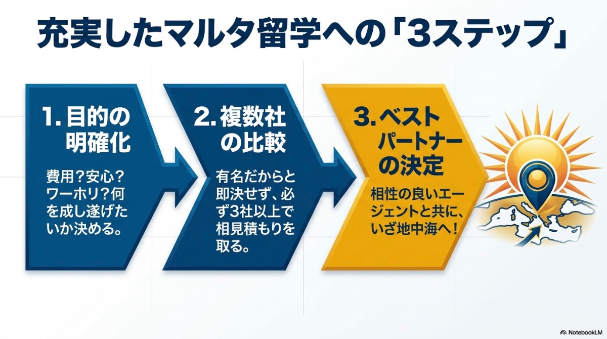 目的の明確化 、複数社の比較 、ベストパートナーの決定 という、充実したマルタ留学への3ステップ