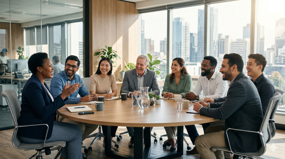 さまざまな背景を持つ人々が温かく交流している様子を表現