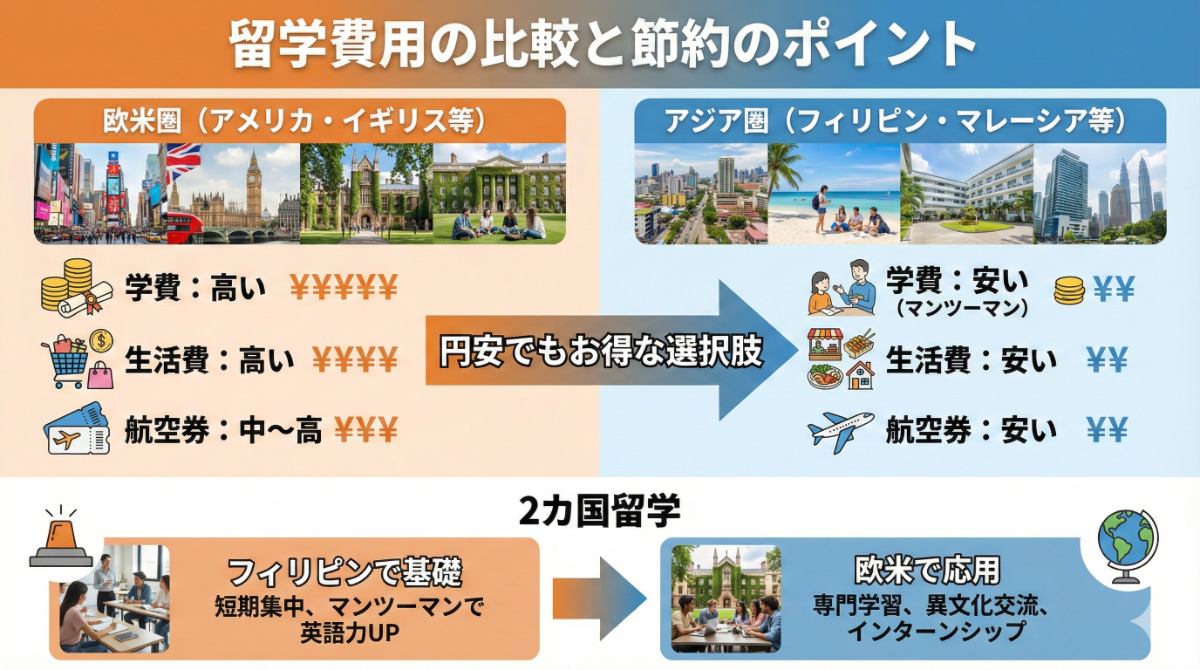 留学費用の比較と節約のポイントを示すグラフィック。欧米圏とアジア圏の学費、生活費、航空券代を比較し、アジア圏のコストメリットを強調。円安でもお得な選択肢としてアジア圏や、フィリピンで基礎を固めてから欧米へ行く2カ国留学のフローチャートも図示。