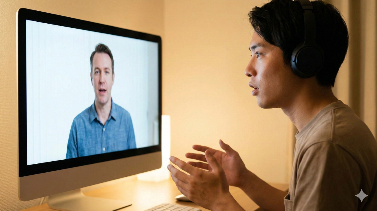 部屋でパソコン画面の中のネイティブ講師の発音に合わせて、身振り手振りを交えながらシャドーイングをしている日本人男性。