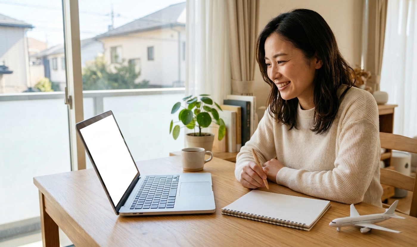 カレンダーとPCを見ながら、笑顔で旅行の計画を立てている様子。「お得なタイミングを見つけた」というポジティブな感情を表現。