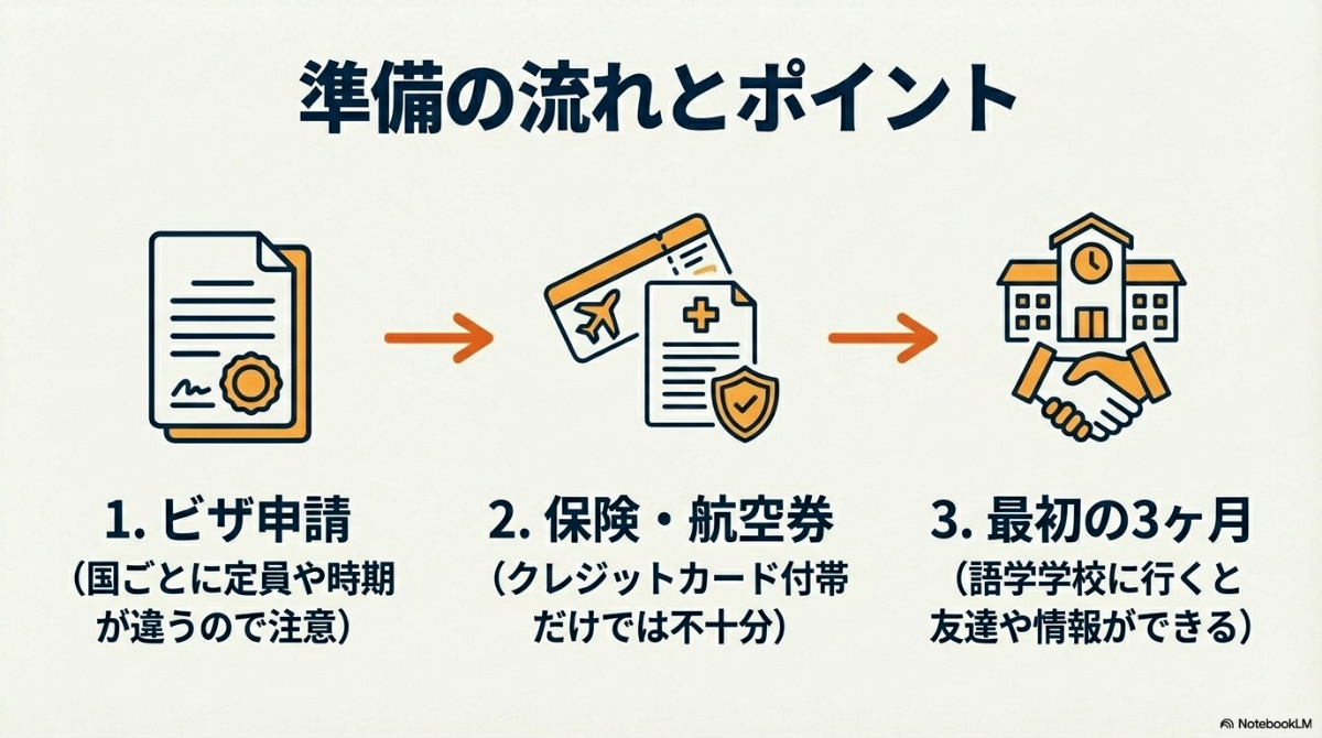 ワーキングホリデーの準備の流れ(ビザ申請、保険・航空券手配、語学学校)を3ステップで解説した図