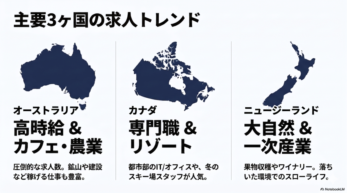 オーストラリア、カナダ、ニュージーランドの主要3ヶ国の求人トレンドと特徴