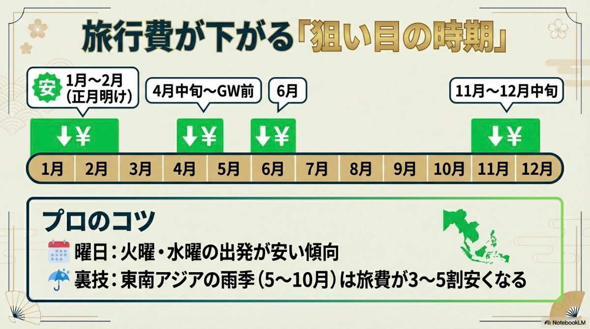 1〜2月、4月中旬、6月、11〜12月中旬など、海外旅行費用が安くなる狙い目の時期を示す図