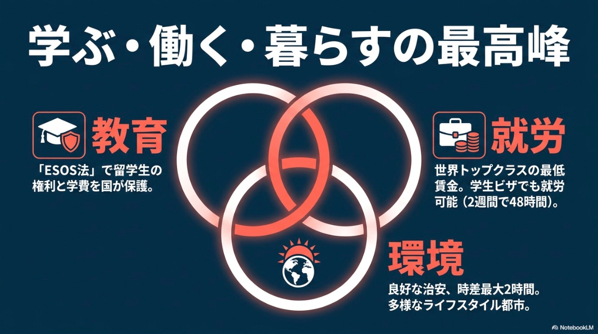 オーストラリア留学の3つの魅力（ESOS法による教育保護、高い最低賃金での就労、良好な治安環境）をまとめたスライド