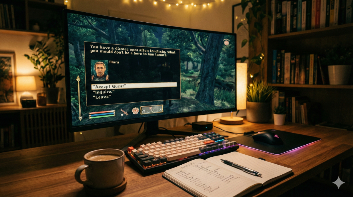 自宅のデスクトップパソコンでのPCゲームを通して英語を学んでいるイメージ