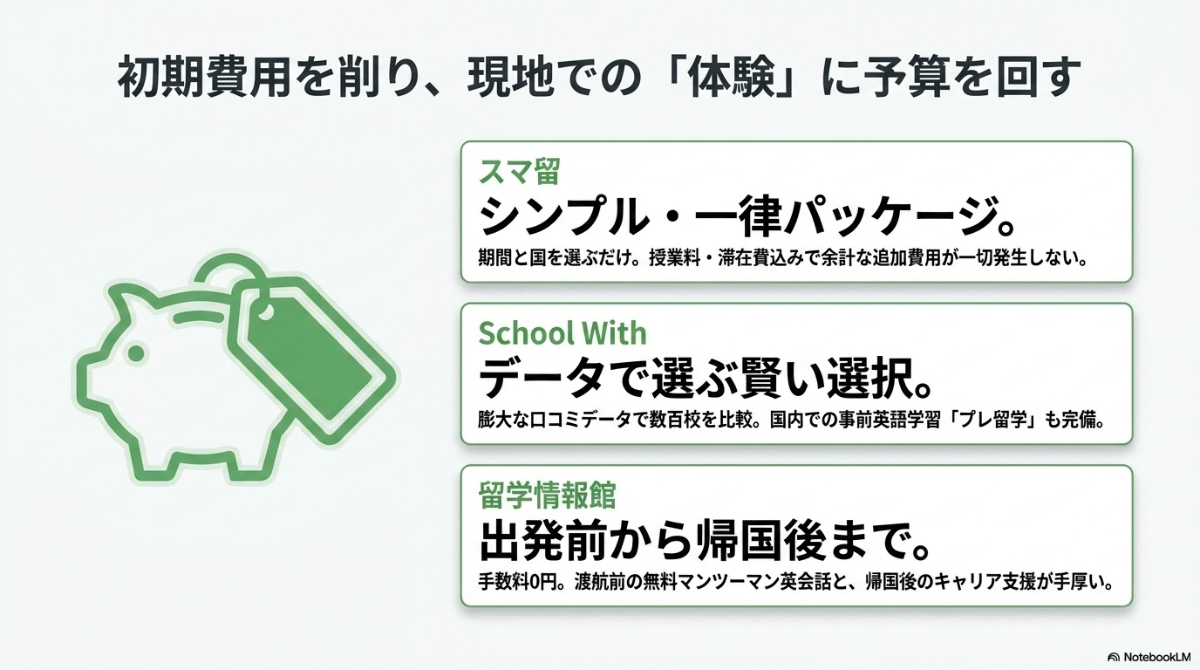 格安パッケージのスマ留、豊富なプランのSchool With、キャリア支援の手厚い留学情報館の3社の強みをまとめたスライド