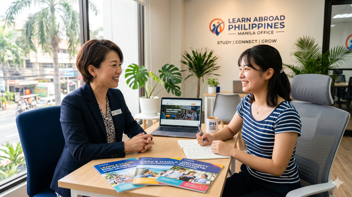留学先の現地オフィスで日本人スタッフに笑顔で相談をする留学生の様子