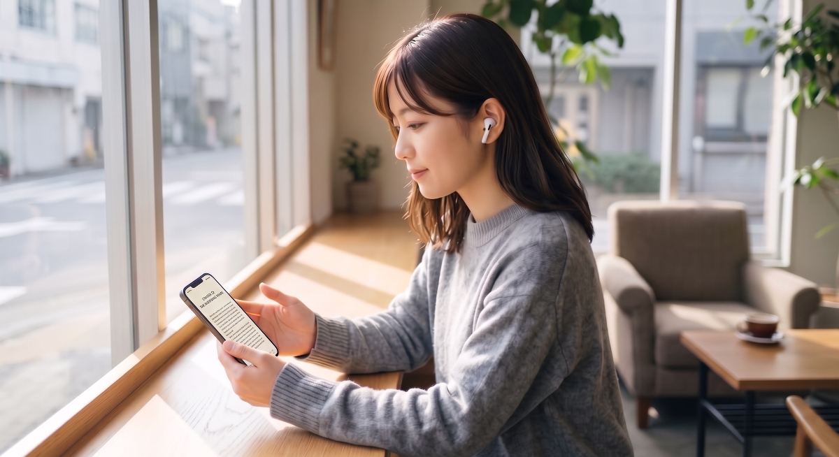 カフェでキンドルアプリを利用して英語学習をしている様子