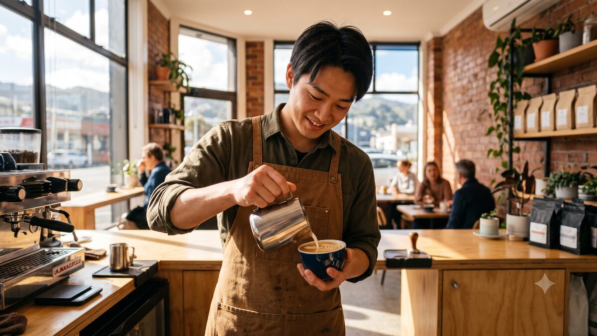 ニュージーランドのローカルカフェでバリスタとして働く日本人男性の様子