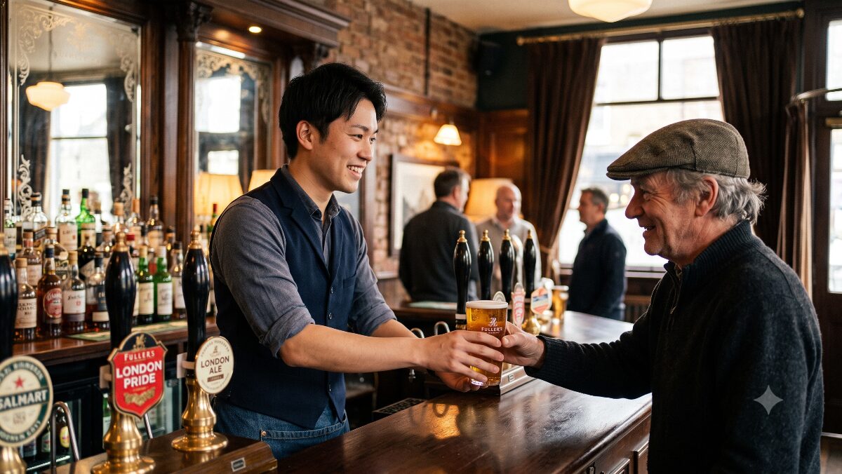英語力を活かしてイギリス現地のローカルパブで働き、笑顔で接客する日本人男性
