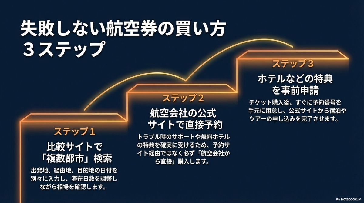 比較サイト検索、公式サイト予約、特典事前申請という失敗しない航空券の買い方3ステップ