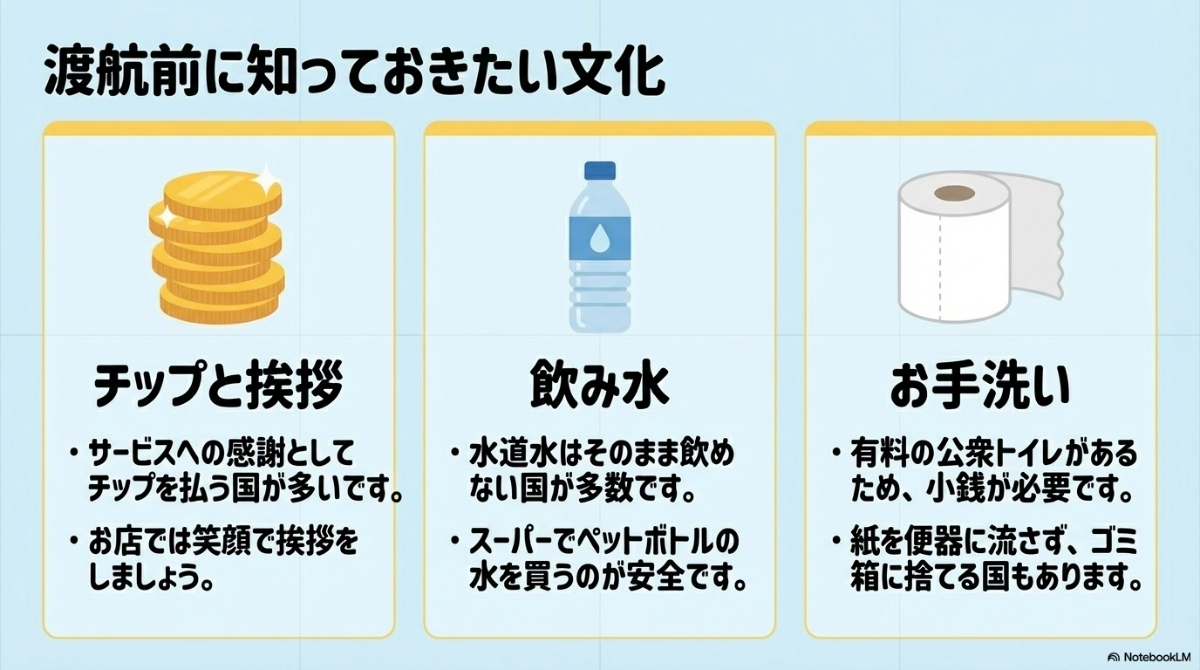 チップや挨拶、飲み水、お手洗い事情など渡航前に知っておきたい文化の違い