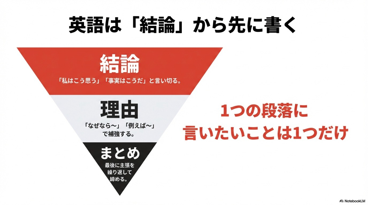 結論、理由、まとめの順で書く、英語のパラグラフ構成と論理展開の図解。